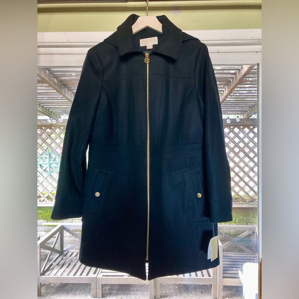 NWT Michael Kors Black Wool Coat with Detachable Hood Size L